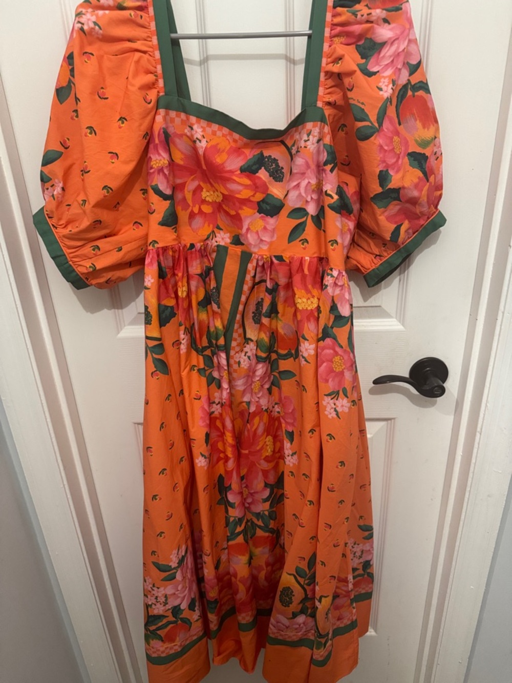 FARM Rio Orange Floral Midi Dress with Green Trim